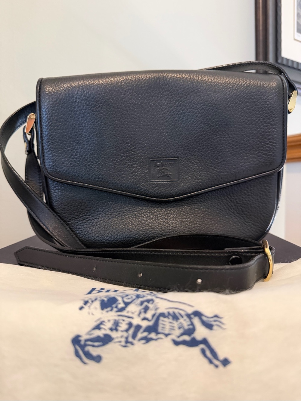 Vintage Burberry London Black Leather Crossbody Bag Nova Check w/ Box Dust Bag - Picture 2 of 15